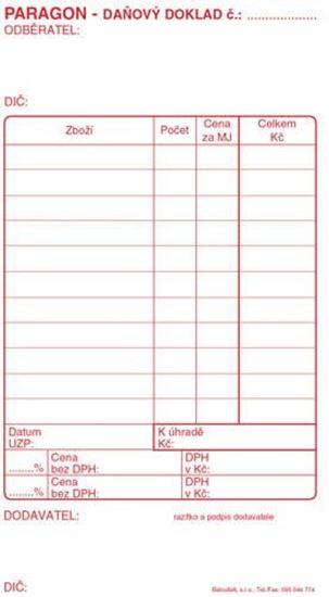Obrázek z Baloušek paragon daňový doklad blok - 80 x 150 mm / nečíslovaný / 50 listů / NCR / PT010