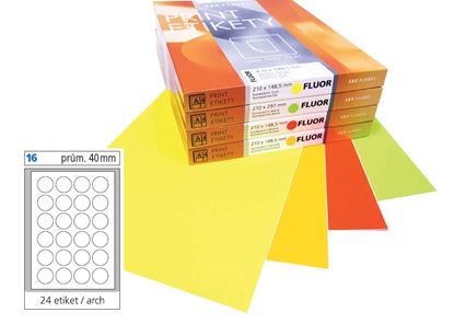 Obrázek Print etikety A4 pro laserový tisk - fluorescentní - kulaté prům.40 mm ( 24 etiket / arch) fluorescentní červená