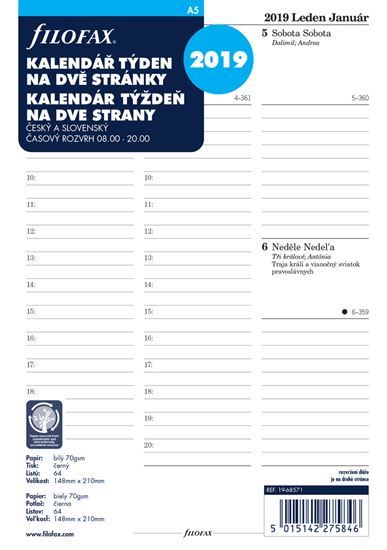 Obrázek z Náhradní vložka do diářů Filofax - kalendář A5 týden / 2 strany