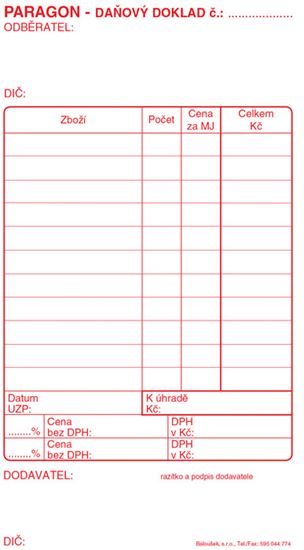 Obrázek z Baloušek paragon daňový doklad blok - 80 x 150 mm / nečíslovaný / 50 listů / ET010