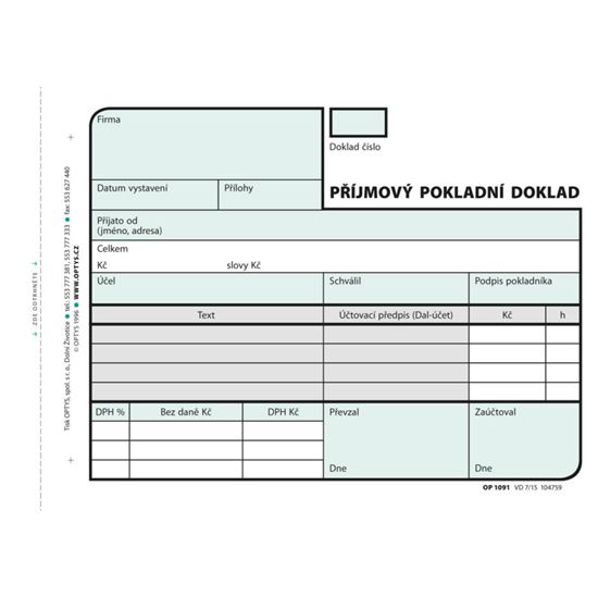 Obrázek z Optys 1091 příjmový pokladní doklad nečíslovaný 2 x 50 listů NCR A6