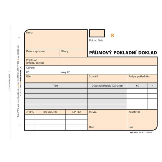 Obrázek z Optys 1081 příjmový pokladní doklad číslovaný 2 x 50 listů NCR A6