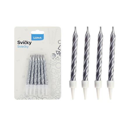 Obrázek Svíčka dortová - stříbrná / 12 ks + stojánky