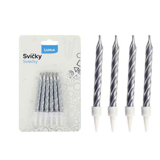 Obrázek z Svíčka dortová - stříbrná / 12 ks + stojánky