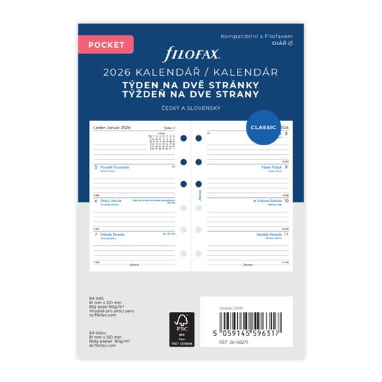 Obrázek z Náhradní vložka do diářů Filofax - kalendář kapesní týdenní / 2 strany