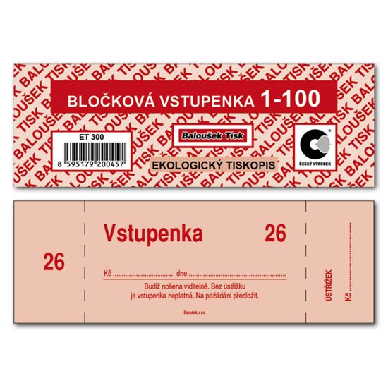 Obrázek z Bločkové vstupenky Baloušek 133 x 39 mm / 1-100 / 4 odstíny barev / ET300