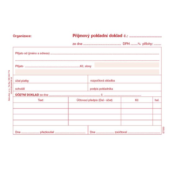 Obrázek z Příjmový pokladní doklad i pro podvojné účetnictví Baloušek A6 / nečíslovaný / 50 listů / ET030