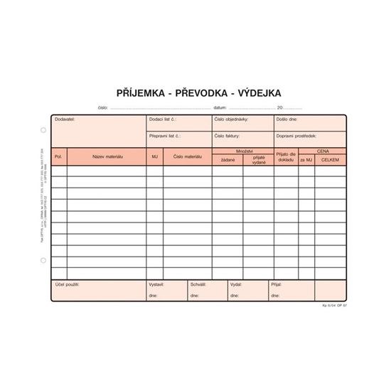 Obrázek z Optys 1087 příjemka - převodka - výdejka 100 listů NCR A5