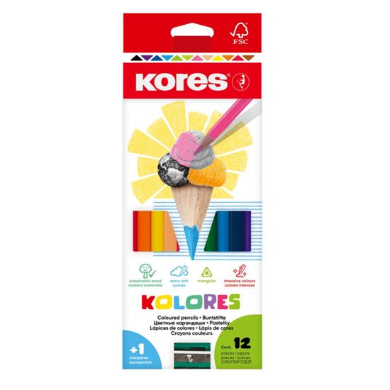 Obrázek z Pastelky Kores Kolores trojhranné 12ks + ořezávátko + 8g lepidlo