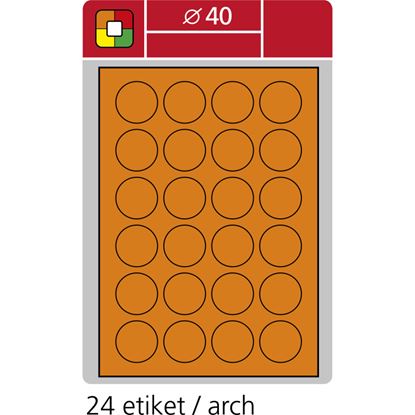 Obrázek Print etikety A4 pro laserový tisk - fluorescentní - kulaté prům.40 mm ( 24 etiket / arch) fluorescentní oranžová