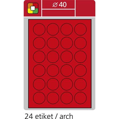 Obrázek Print etikety A4 pro laserový tisk - fluorescentní - kulaté prům.40 mm ( 24 etiket / arch) fluorescentní červená
