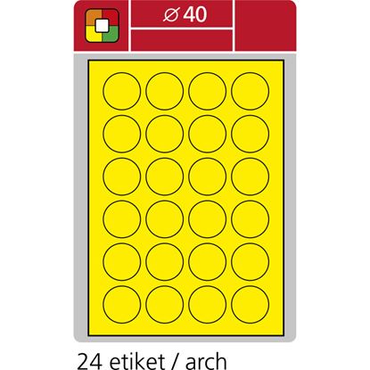 Obrázek Print etikety A4 pro laserový tisk - fluorescentní - kulaté prům.40 mm ( 24 etiket / arch) fluorescentní žlutá