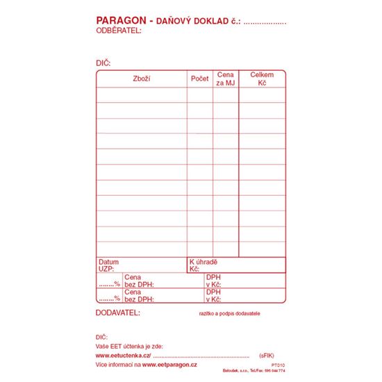 Obrázek z Paragon daňový doklad blok Baloušek 80 x 150 mm / nečíslovaný / 50 listů / NCR / PT010