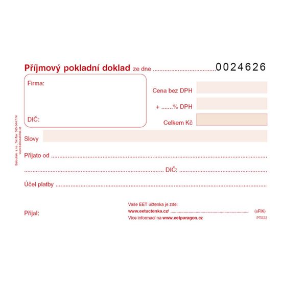 Obrázek z Příjmový pokladní doklad Baloušek A6 / číslovaný / 50 listů 1+1 / PT022