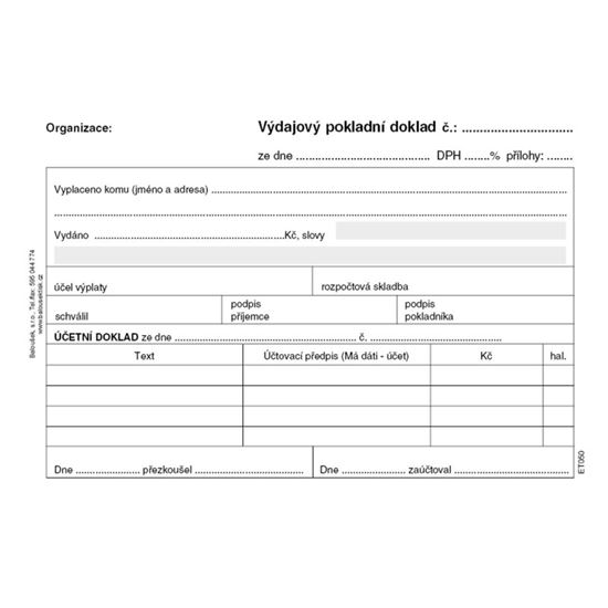 Obrázek z Výdajový pokladní doklad i pro podvojné účetnictví Baloušek A6 / nečíslovaný / 50 listů / ET050