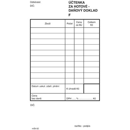 Obrázek MSK 62 účtenka za hotové číslovaná 2 x 50 listů NCR
