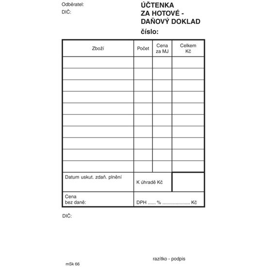 Obrázek z MSK 7400065 účtenka za hotové nečíslovaná 100 listů NCR