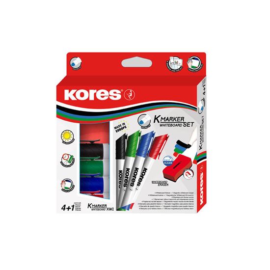 Obrázek z Popisovač Kores K-Marker Wihteboard - sada 4 ks + mazací houba / kulatý hrot