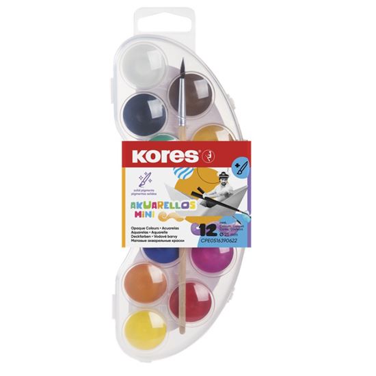 Obrázek z Vodové barvy Kores Akuarellos - MINI / 12 barev / průměr 25 mm + štětec