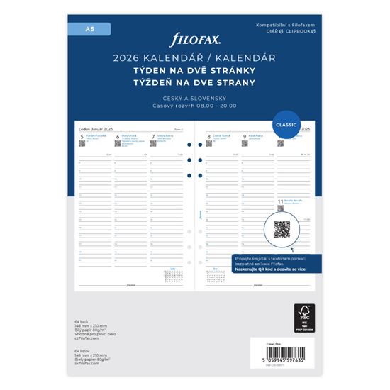 Obrázek z Náhradní vložka do diářů Filofax - kalendář A5 týdenní / 2 strany
