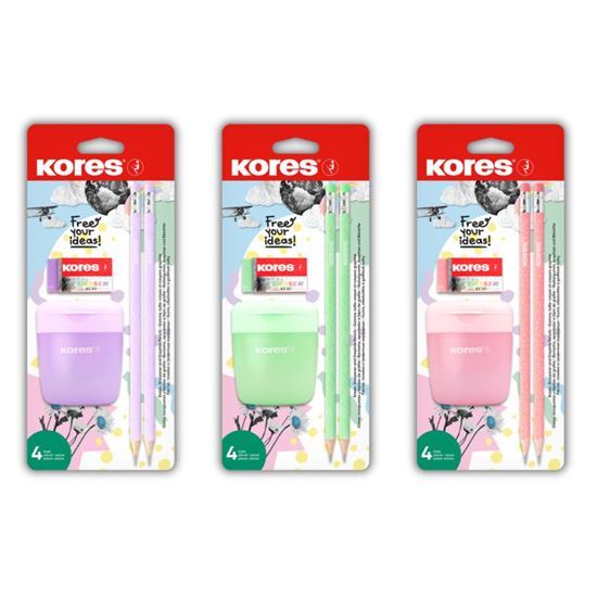 Obrázek z Sada Kores Pastel SET – ořezávátko, tužky, pryž / mix barev