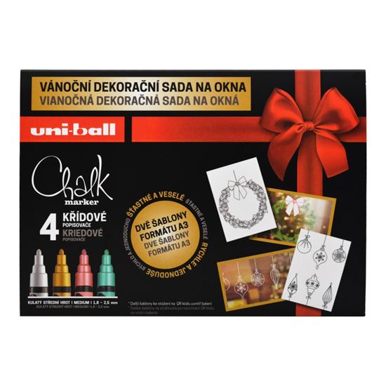 Obrázek z Sada křídových popisovačů UNI Chalk Marker - Vánoční sada 4 ks + 2 šablony